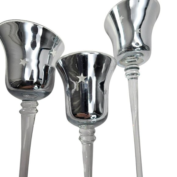 Silver Mercury Glass Candle Holders Stars Motif Varying Heights Set of 3 JJ3805 - Picture 7 of 11